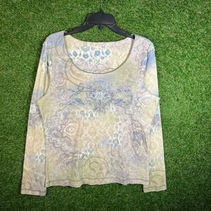 B. Friends Womens XL Blue Green‎ Paisley Floral Boho Scoop Neck Long Sleeve Top
